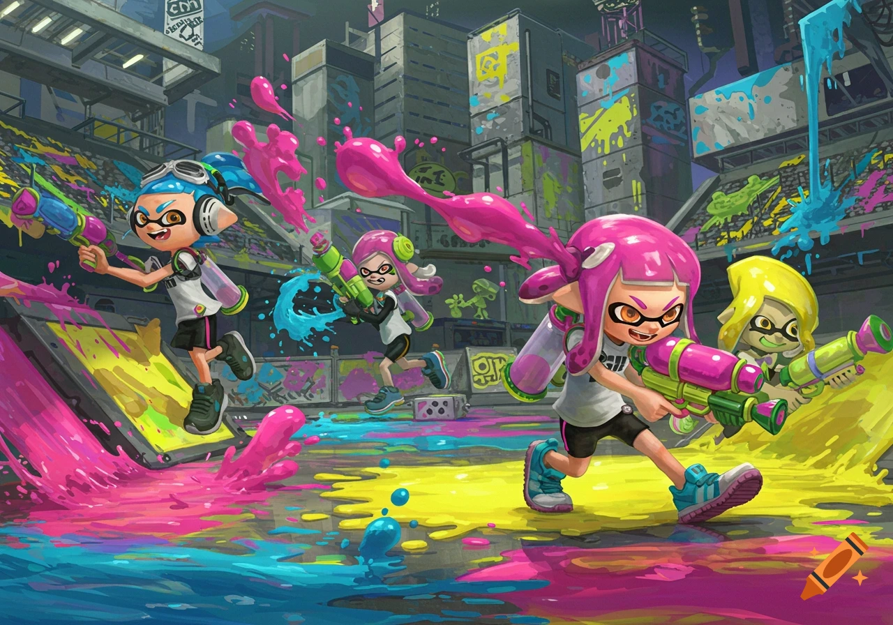Four colorful inkling characters battle in an ink-splattered urban arena with ink weapons, in a dynamic anime style.