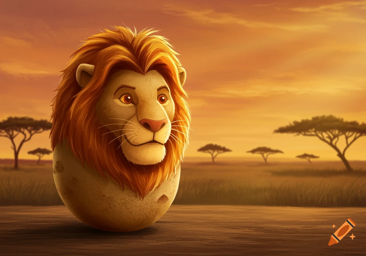 Cartoon lion character with a large mane on a potato-like body, standing in a savanna at sunset.