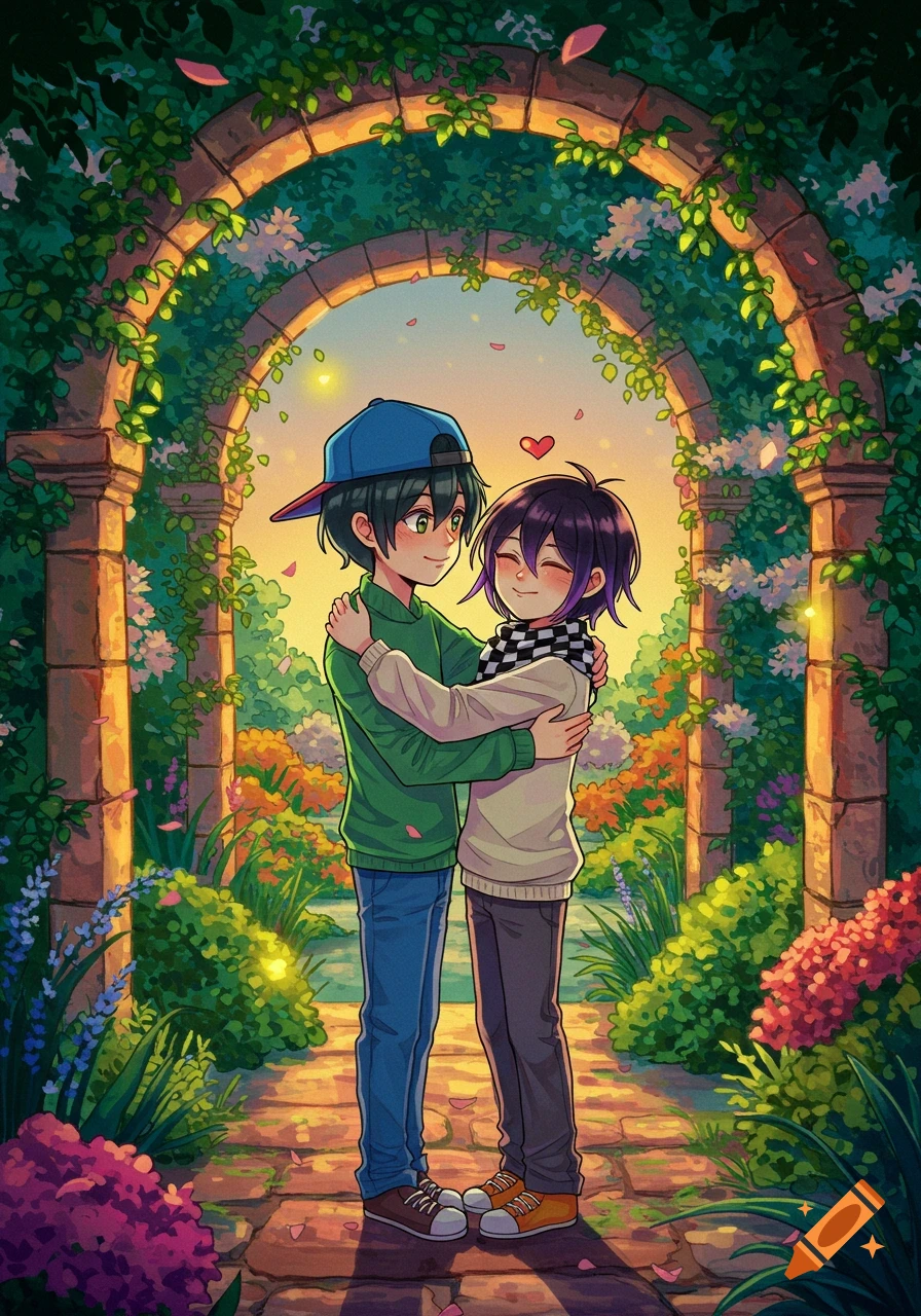Two young anime boys embracing under a flower-covered stone archway in a colorful garden illustration.