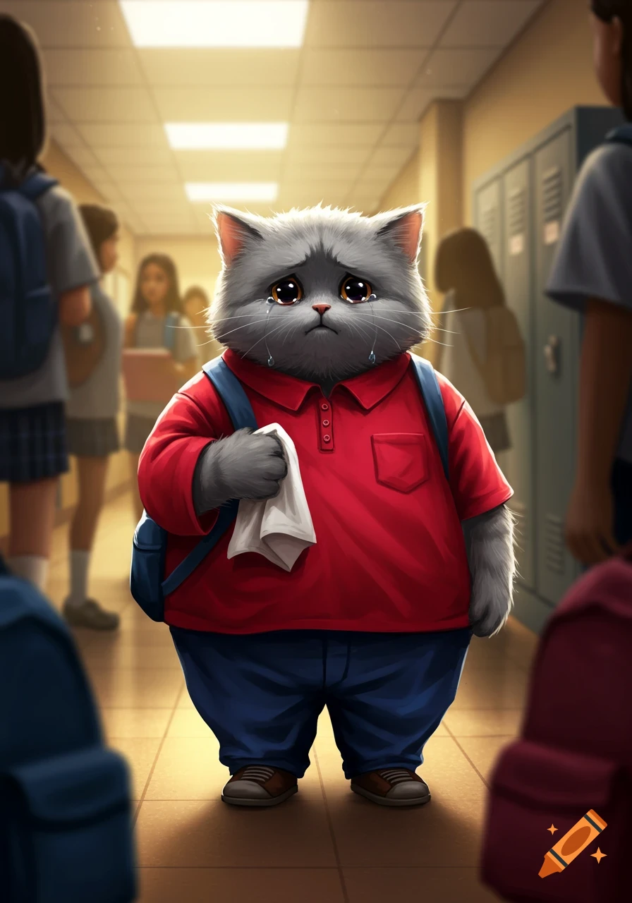 A fluffy grey cartoon cat with a red shirt, blue pants, and backpack is crying in a school hallway, holding a tissue.