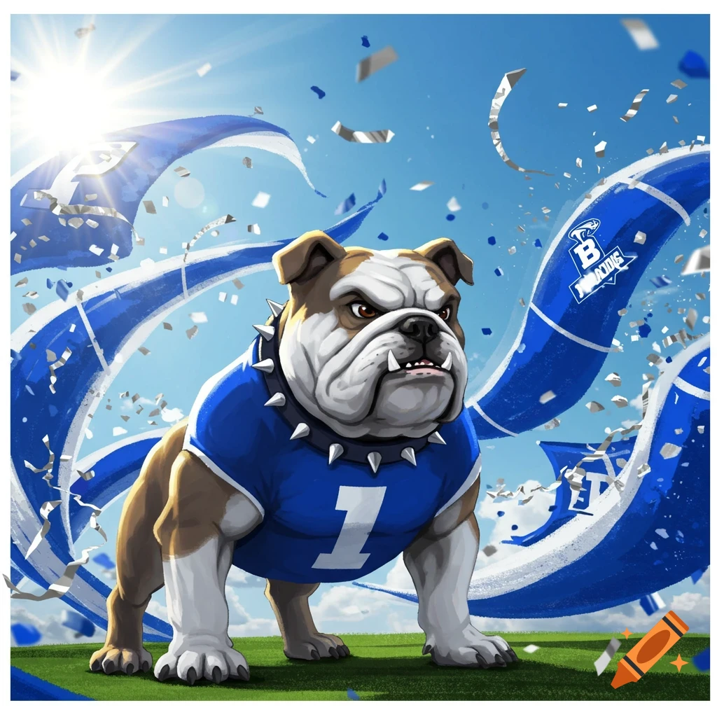 A muscular bulldog mascot in a blue jersey with the number 1 stands on a green field with blue and white ribbons and confetti under a bright blue sky. Stylized text "BROADDUS" is on one of the ribbons.