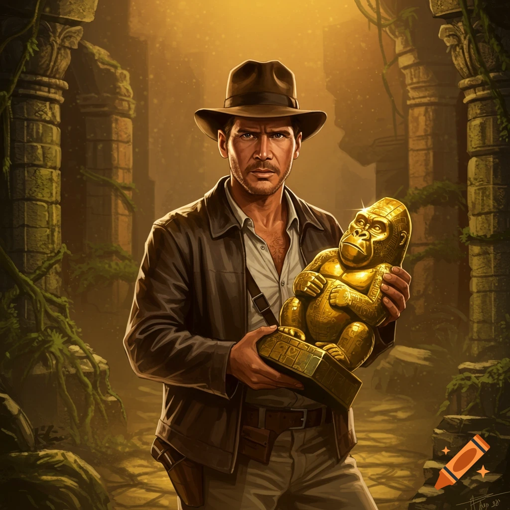 An illustration of Indiana Jones holding a shimmering golden gorilla idol in a sunlit ancient temple ruin.
