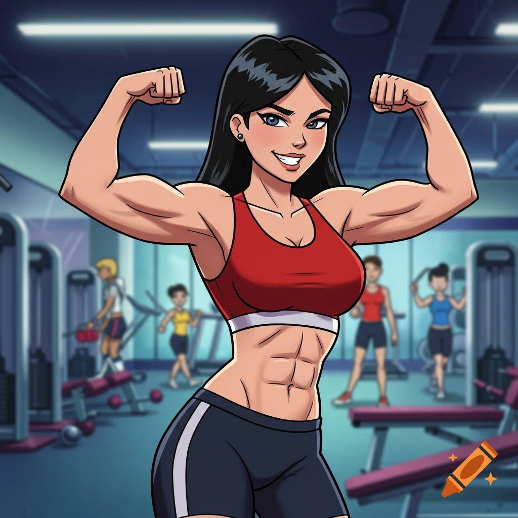 Cartoon-style Lois Lane with dark hair, wearing a red sports bra and shorts, flexes her biceps at a gym.