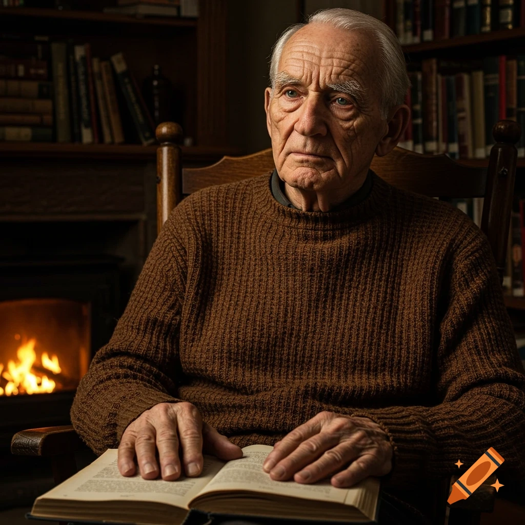 An old man with white hair sits in a chair, reading a book by a fireplace in a study.