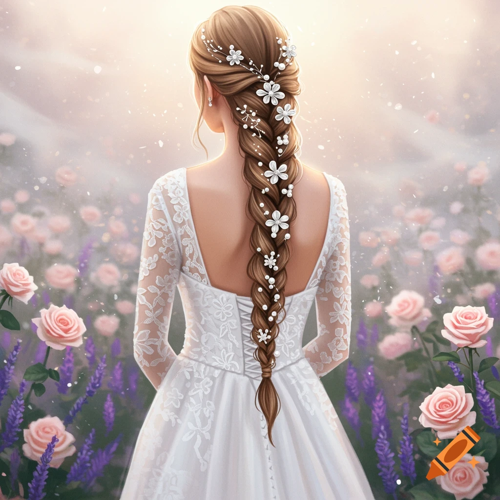 A woman in a white lace wedding gown with a long braided hairstyle adorned with pearls and white flowers stands in a field of pink roses and purple lavender, seen from behind.