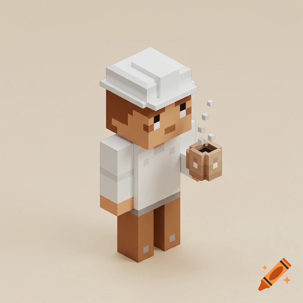 A blocky Minecraft-style architect character in an isometric view, holding a mug with rising cubes on a plain background.