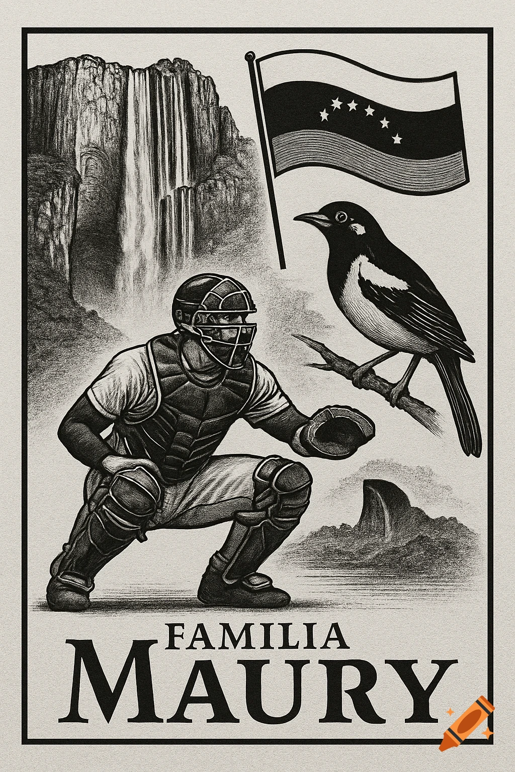 Black and white illustration of a baseball catcher, Venezuela flag, Troupial bird, and Angel Falls with 'Familia Maury' text.