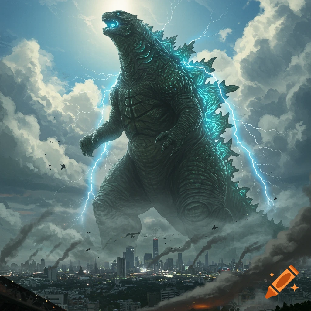 Giant Godzilla-like monster with glowing blue spines stands amidst stormy clouds and lightning above a city.