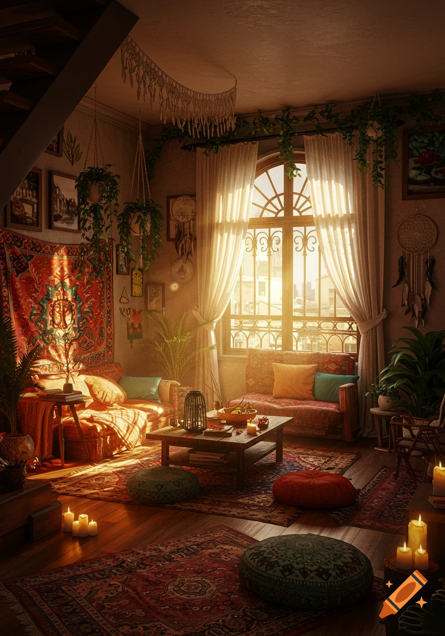 A warm and inviting bohemian-style living room with patterned rugs, hanging plants, cushions, and sunlight streaming through a window.