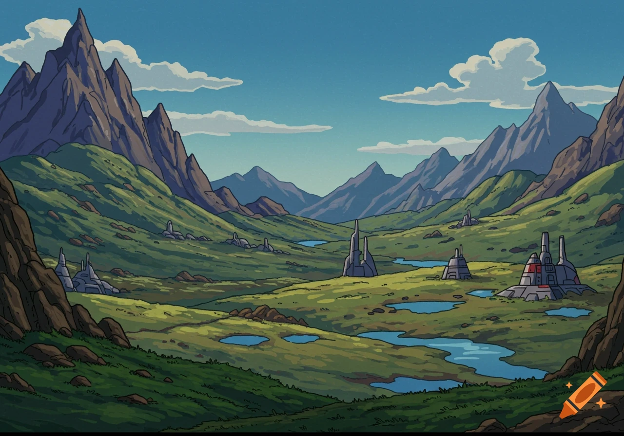 Cartoon landscape with rugged mountains, green valleys, rivers, and futuristic, angular structures under a blue sky.