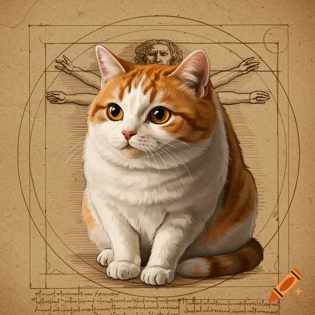 An orange and white cat sits within the circular and square outlines of Leonardo da Vinci's Vitruvian Man drawing.