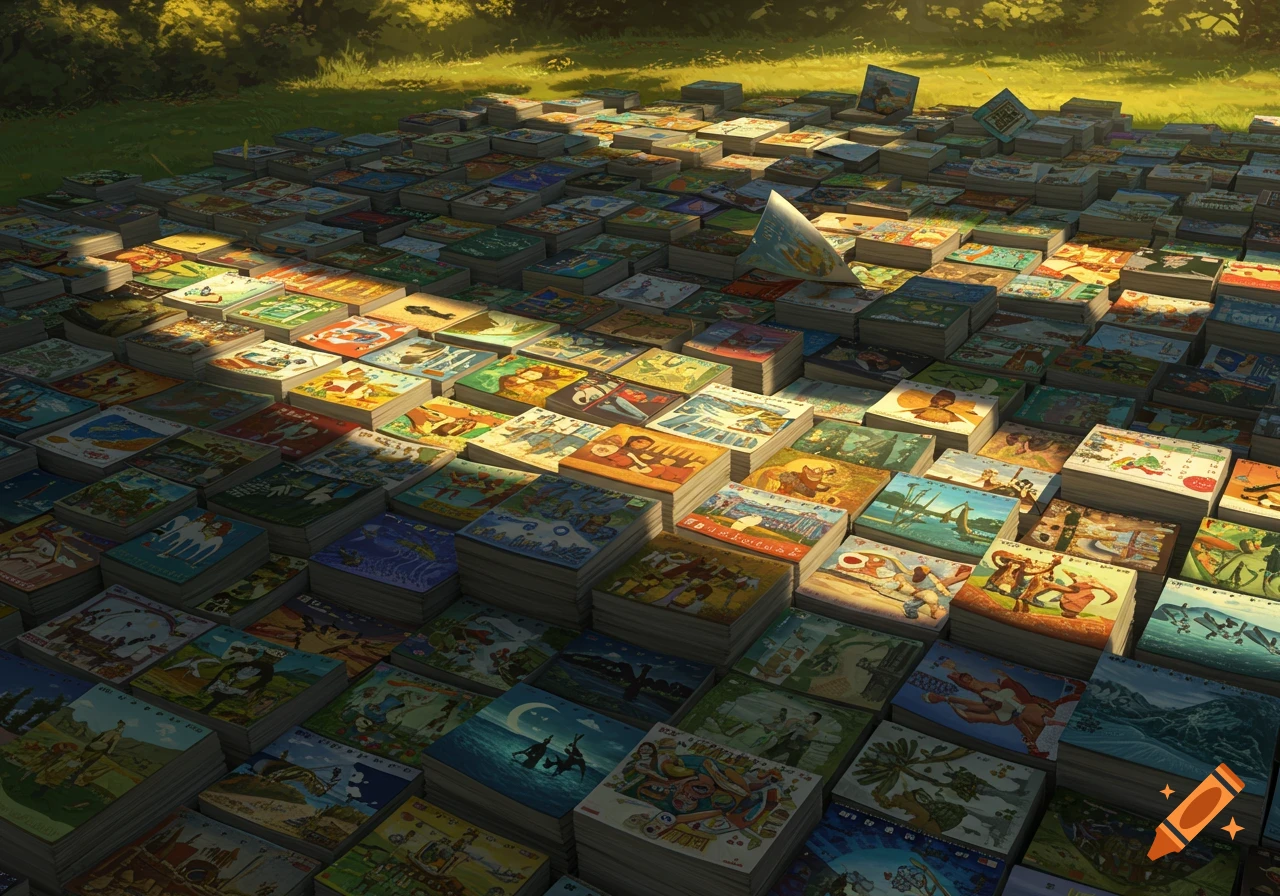 Piles of colorful wall calendars spread across a sunny grassy field with trees in the background.