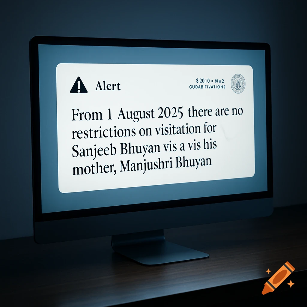 A computer screen displays a bright white alert message with black text on a dark wooden desk in a dimly lit room.