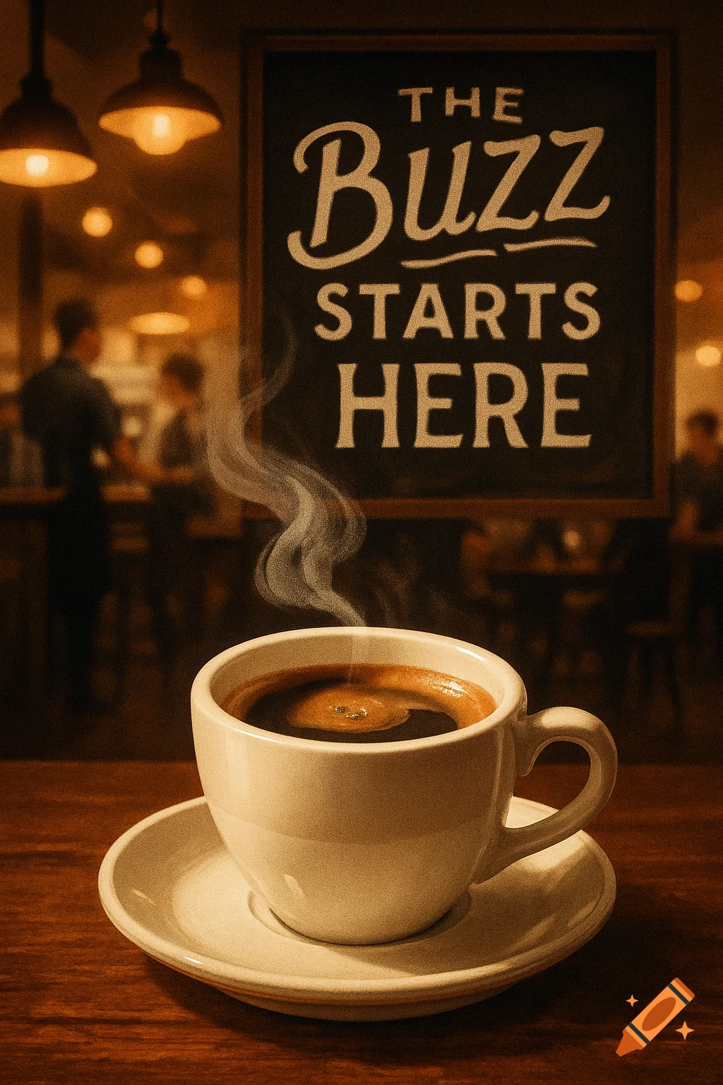 A steaming cup of coffee on a wooden table in a dimly lit coffee shop, with a sign in the background reading "THE Buzz STARTS HERE".