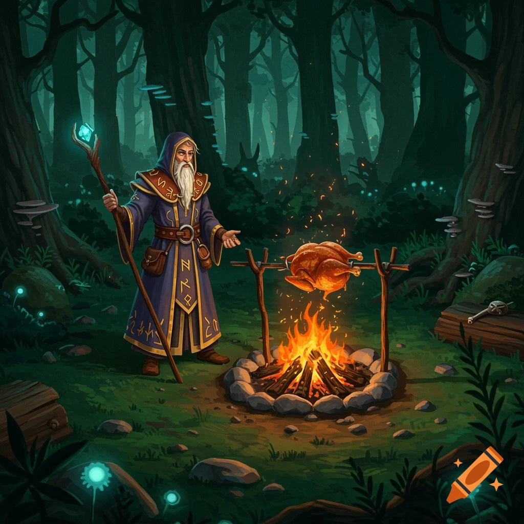 A wizard in a purple robe with a staff roasts a chicken over a campfire in a dark, magical forest with glowing plants. Digital art.
