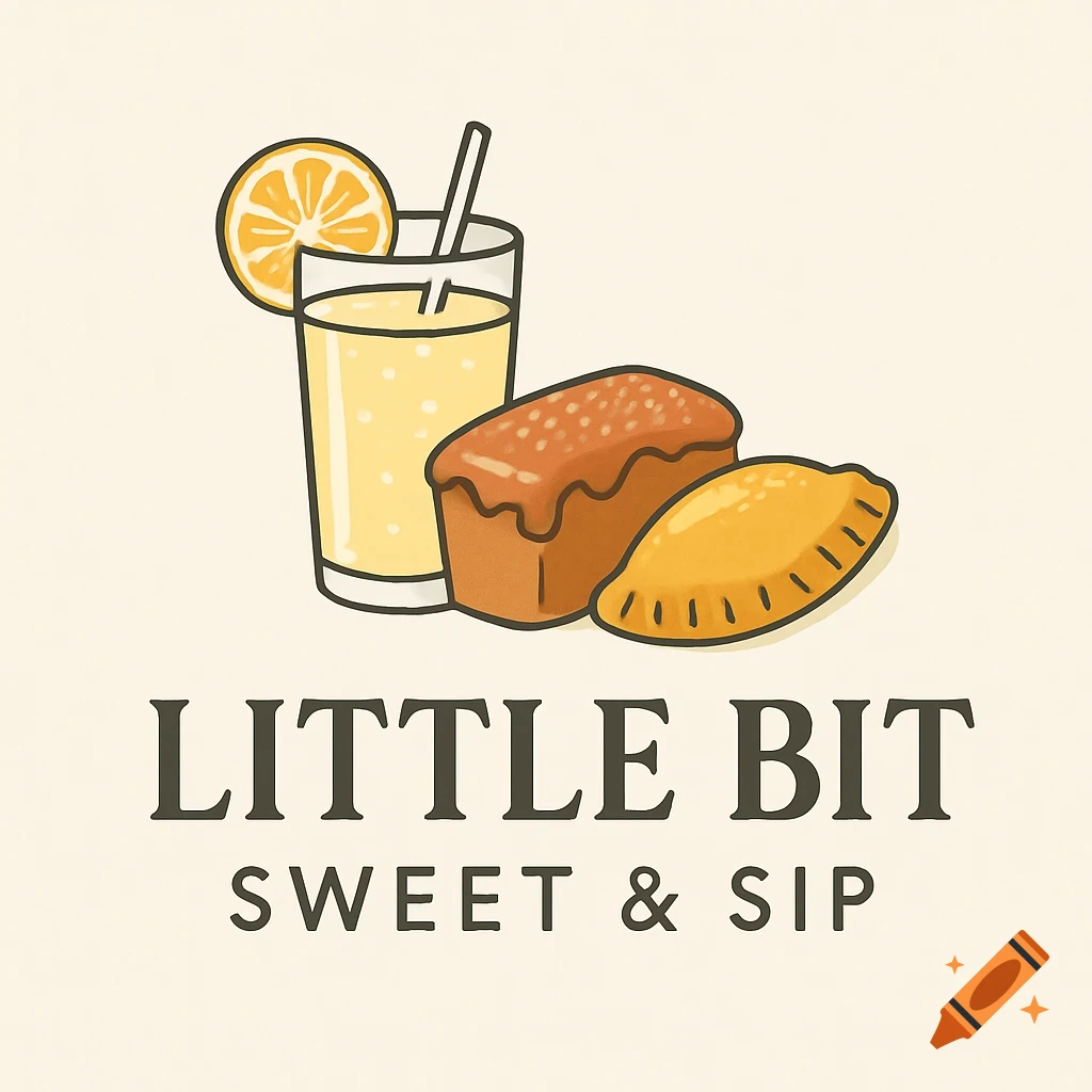 A logo with a glass of lemonade, a mini loaf cake, a fried hand pie, and the text 'LITTLE BIT SWEET & SIP'.