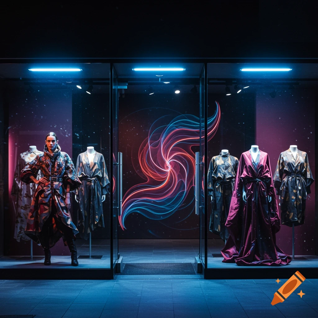 A modern store window display with one live model and several mannequins wearing colorful, flowing apparel under bright blue and red neon lights.