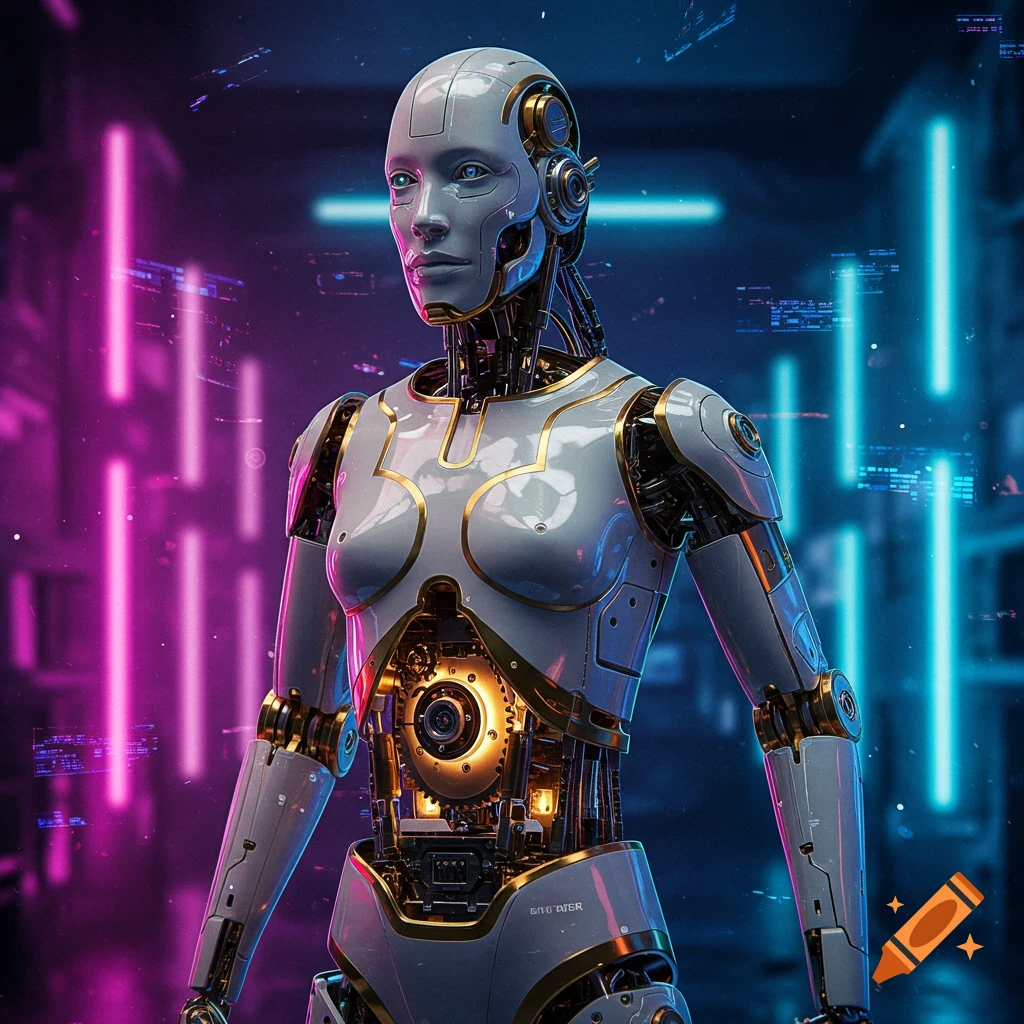 A detailed, photorealistic humanoid robot with white and gold plating stands in a cyberpunk city with neon lights.