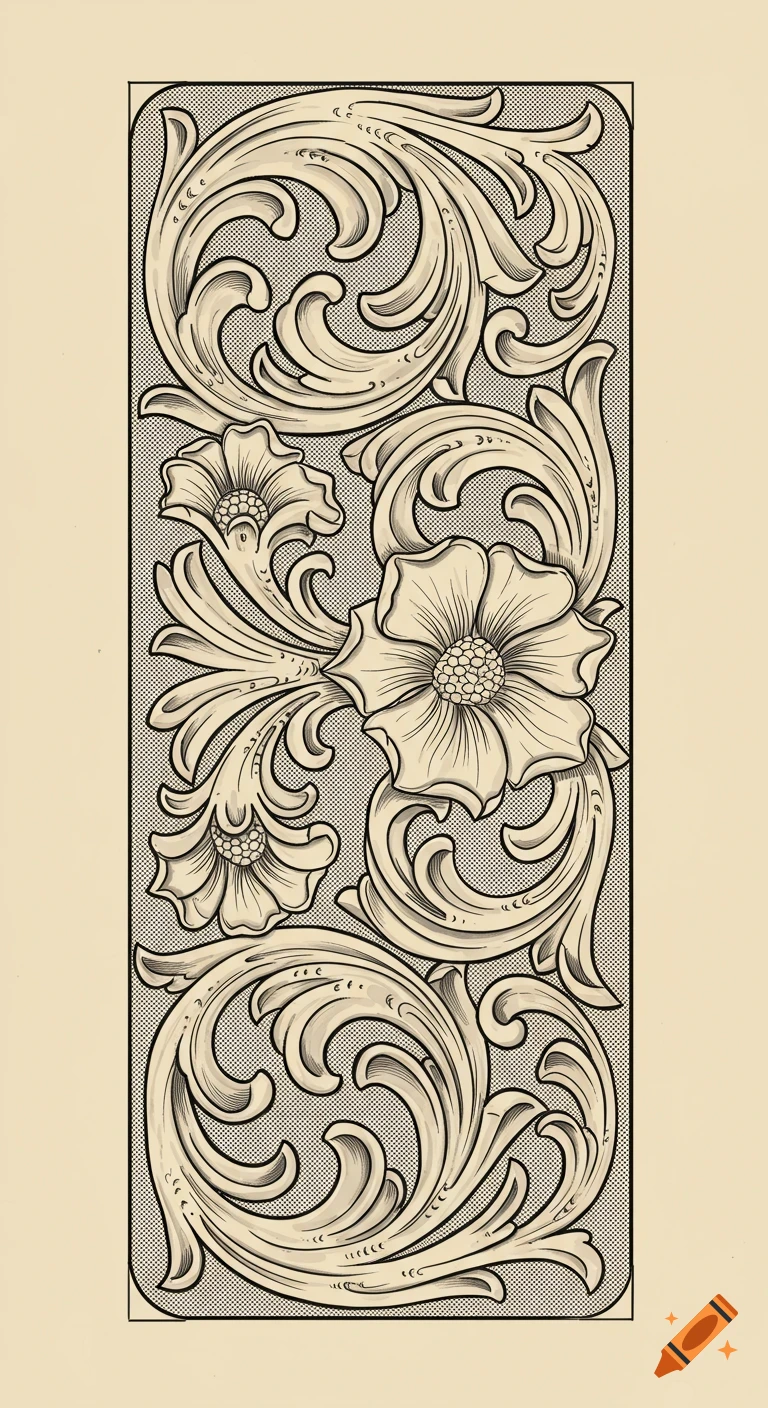A vertical panel with intricate floral and scrollwork patterns in a line art style, resembling leather tooling, on a light background.