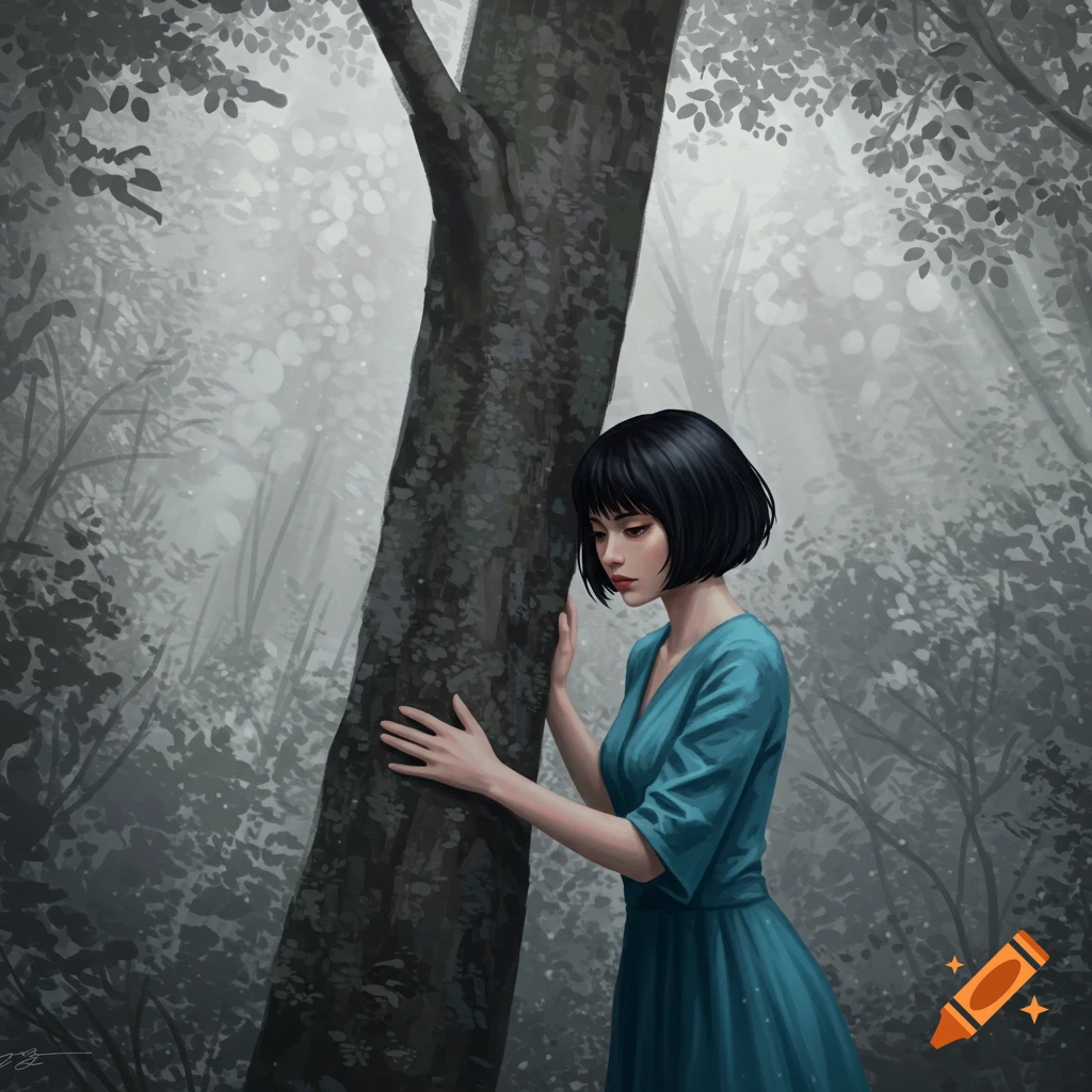 A woman with short black hair and a blue dress stands in a misty, gray forest, touching a tree. Digital painting.