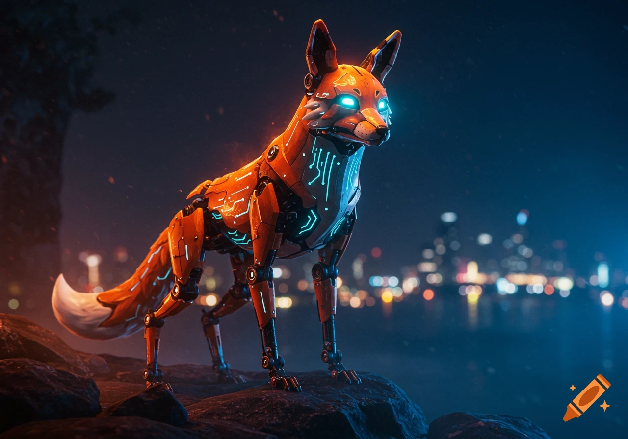 A futuristic orange robotic fox with glowing blue eyes stands on rocks overlooking a blurred city skyline at night.