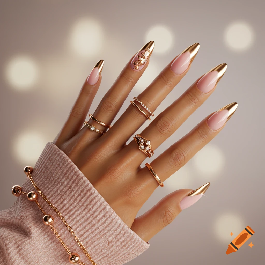 A hand displaying long, pointed nails with gold French tips, one nail embellished with gold designs, and multiple gold rings and bracelets.