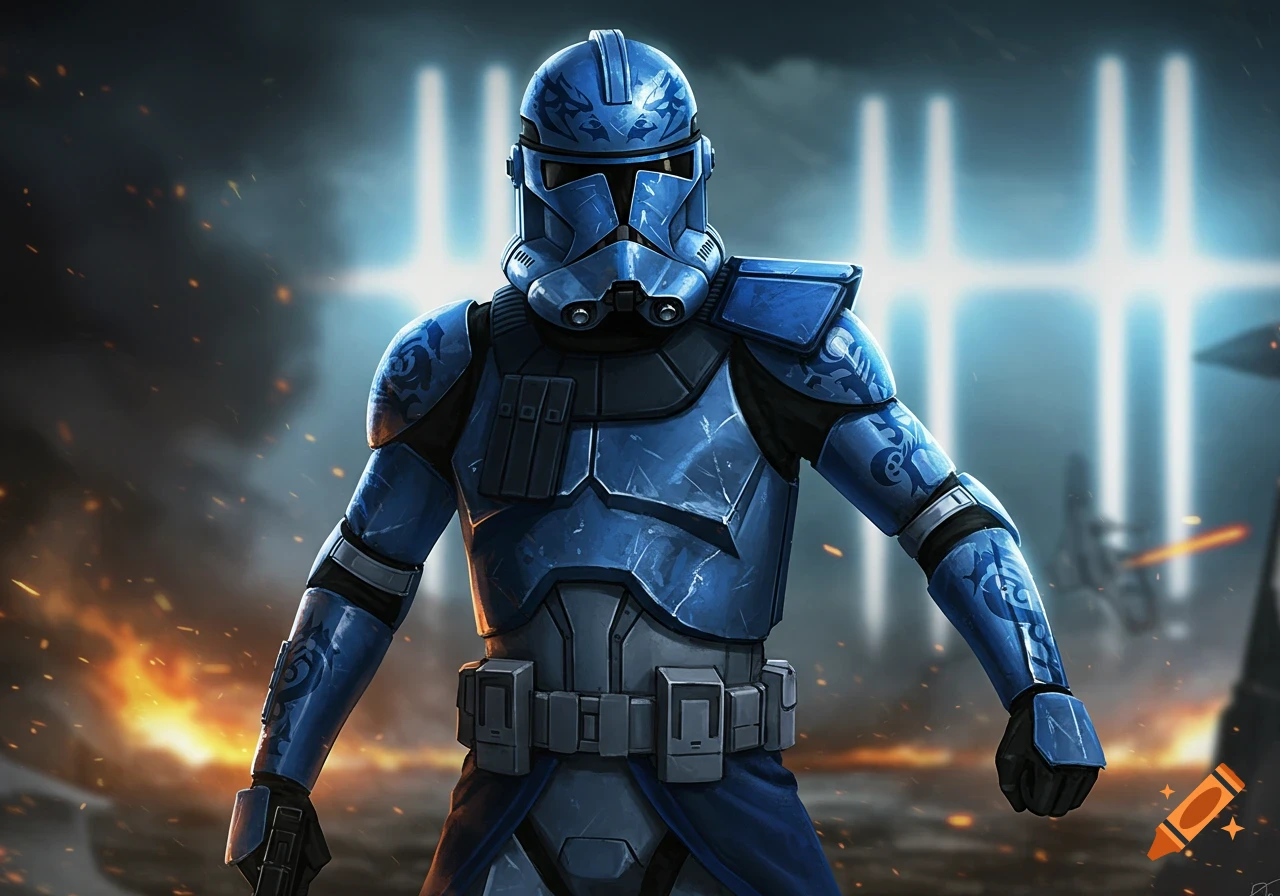 A blue clone commando with dragon decals on his helmet and arm stands in a smoky battlefield with bright lights in the background.