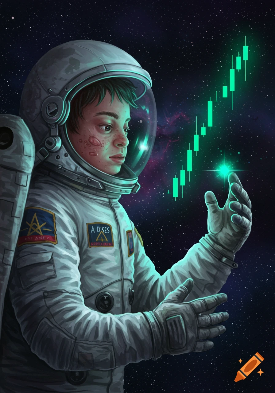 An astronaut in a spacesuit looks at a glowing green market candle chart floating in outer space.