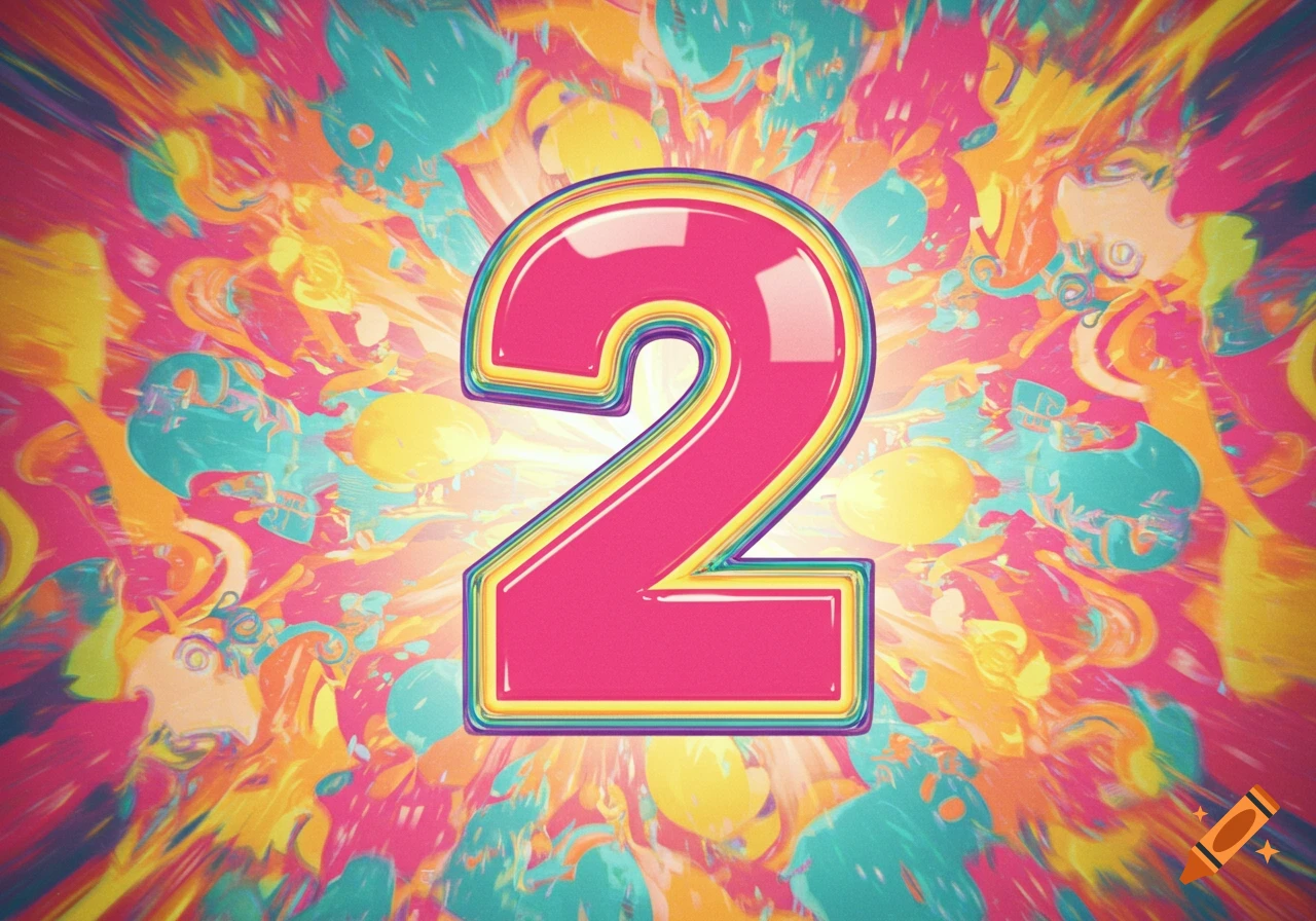 A vibrant, glossy pink number 2 centered on an abstract, colorful background with a bright burst effect.