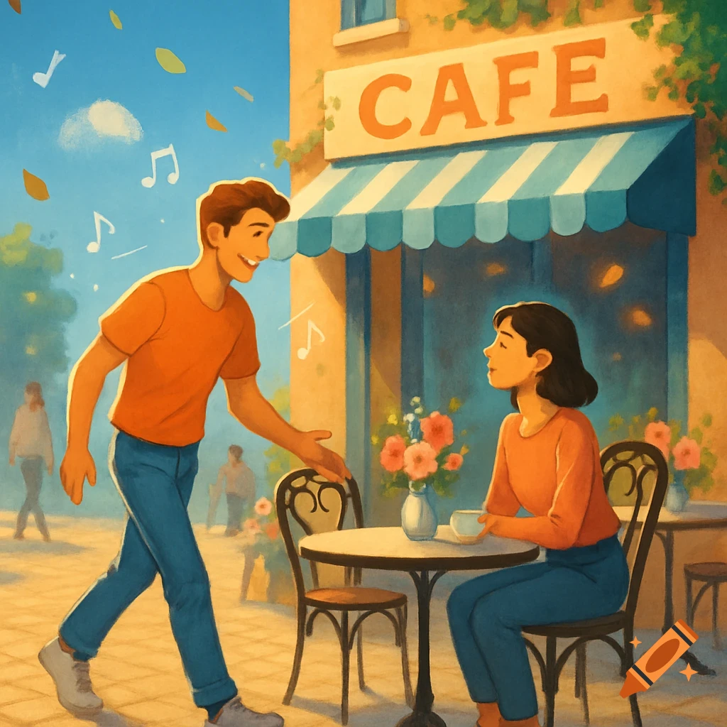 An illustration of a man approaching a woman at an outdoor cafe table, with musical notes in the air.