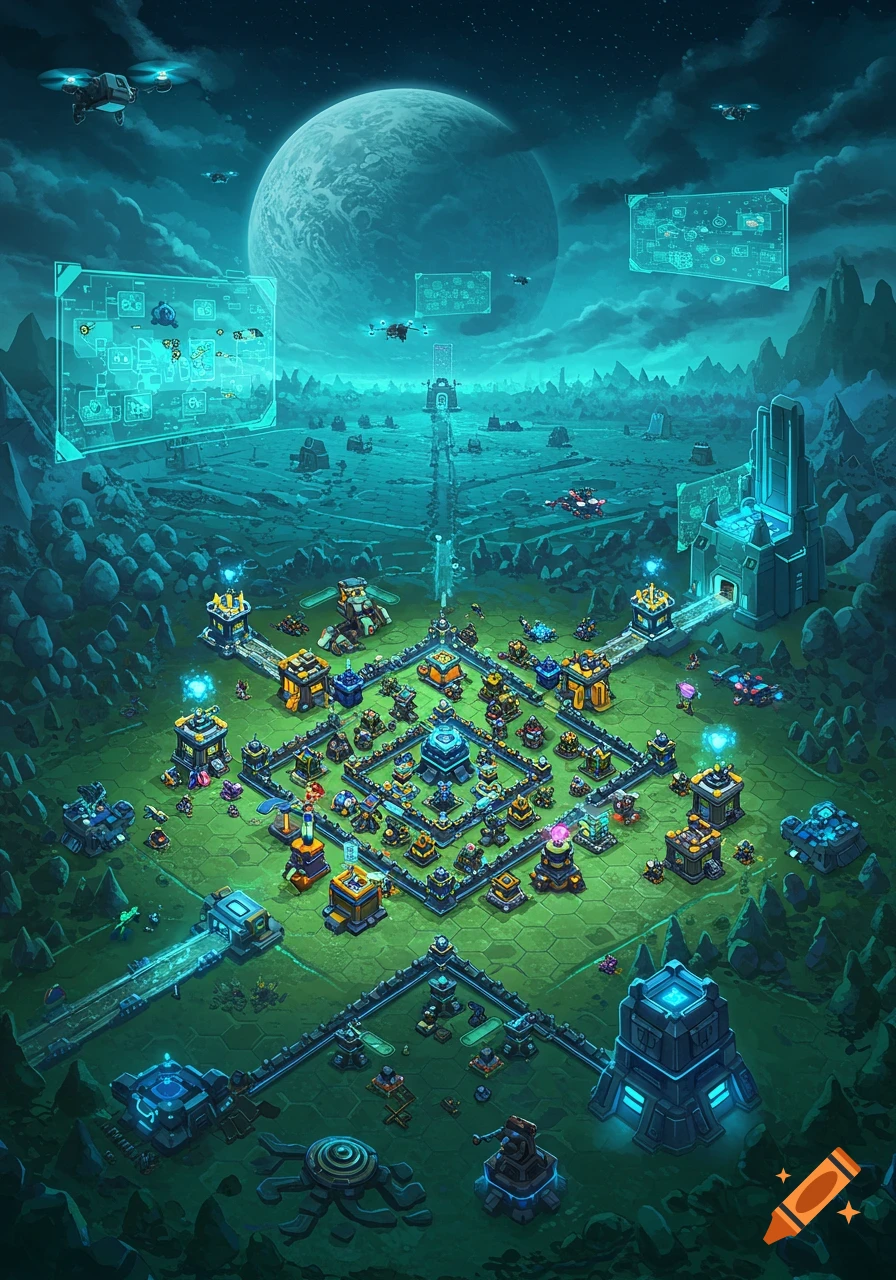A sprawling, futuristic military base resembling a Clash of Clans layout, set on an alien planet under a large moon, with drones and holographic screens in the sky.