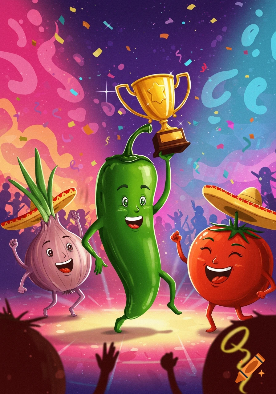 A vibrant cartoon illustration of a dancing jalapeno holding a trophy, an onion, and a tomato celebrating amidst confetti.