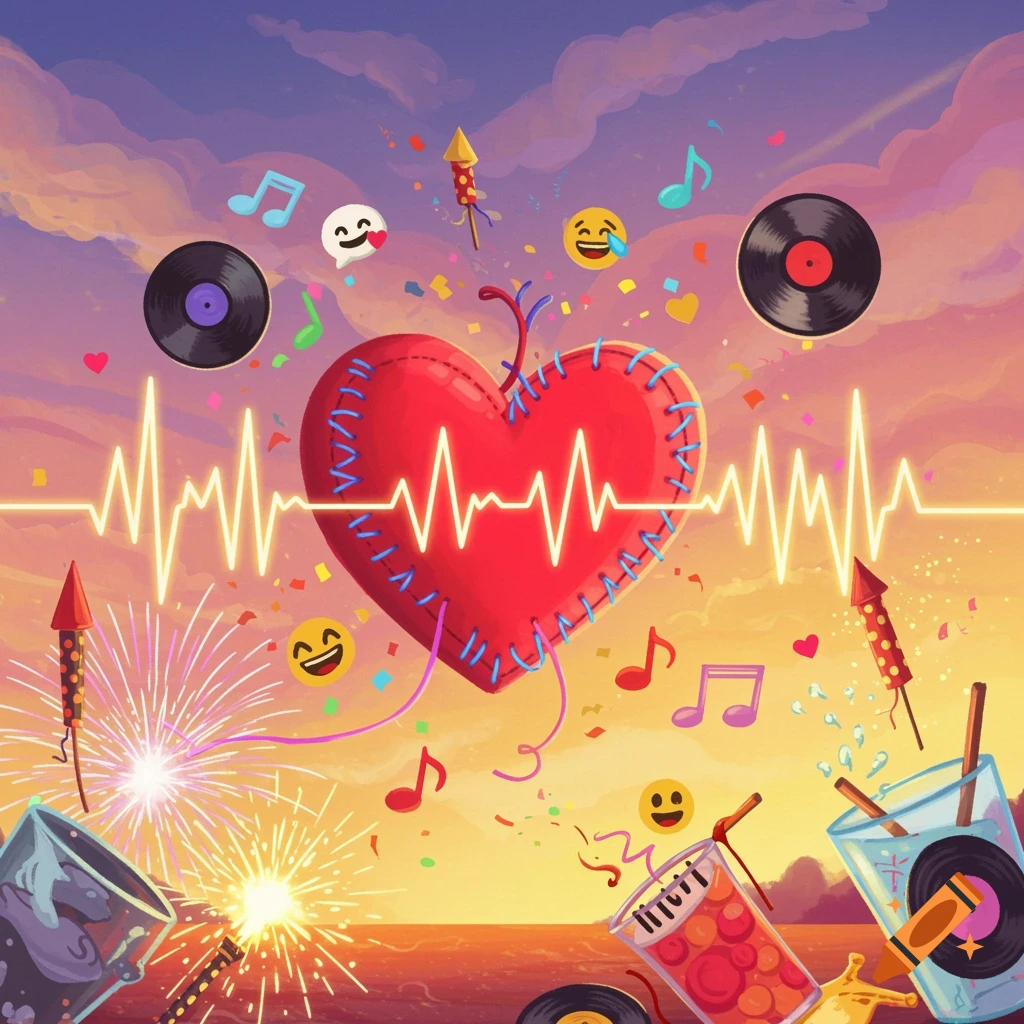 A stylized red heart with a heartbeat line, surrounded by musical notes, vinyl records, emojis, confetti, and fireworks against a colorful sunset sky.