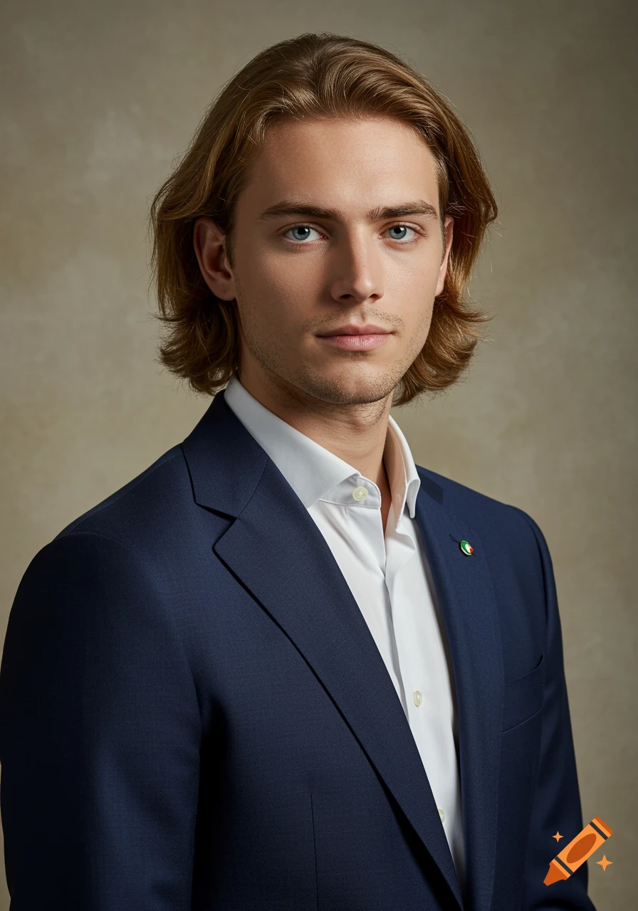 Photorealistic portrait of a young man with blonde hair, blue eyes, wearing a dark blue suit, white shirt, and an Italian lapel pin.