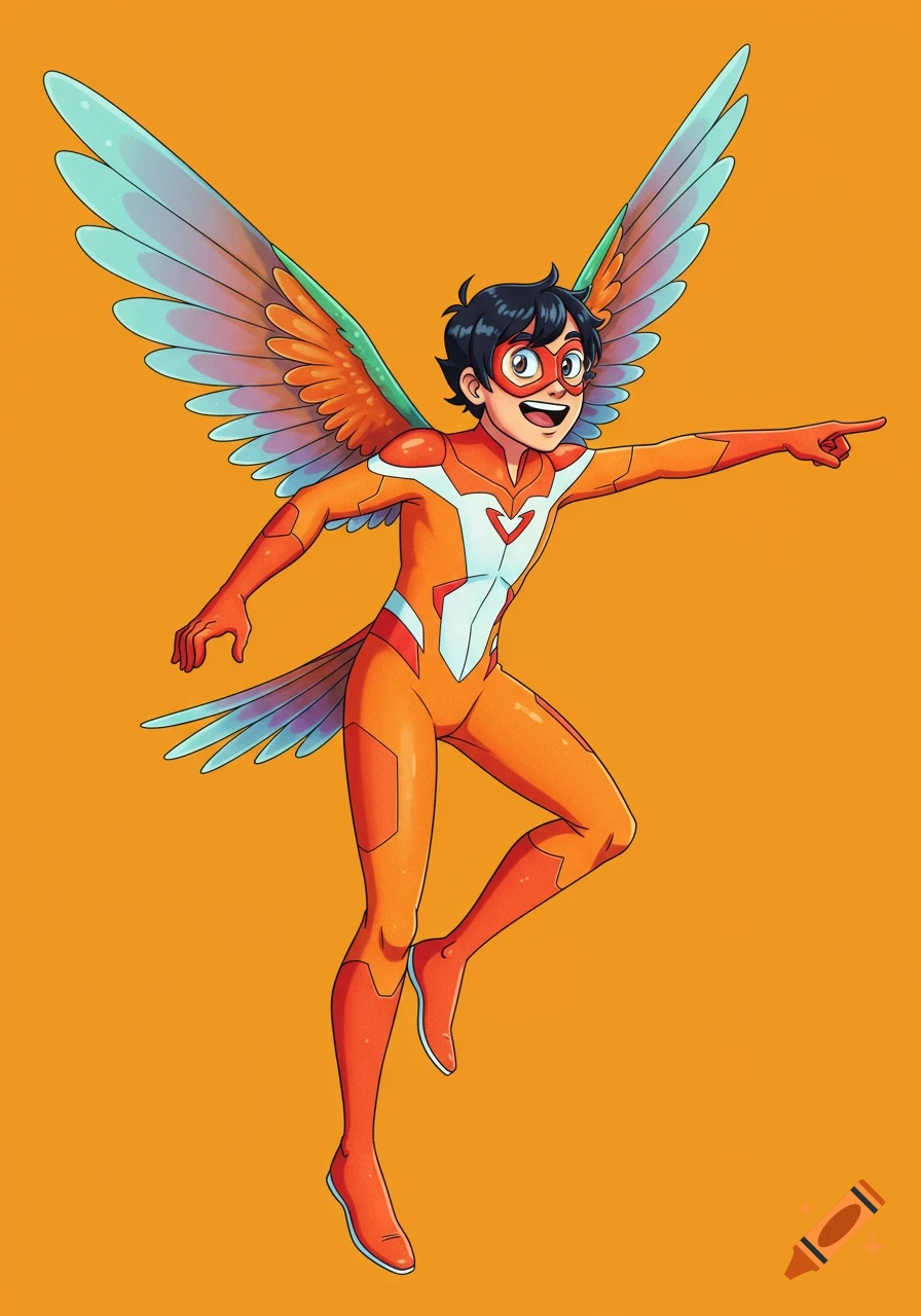 A cartoon superhero with dark hair and a red mask, wearing an orange and white costume with large hummingbird wings, points forward on an orange background.