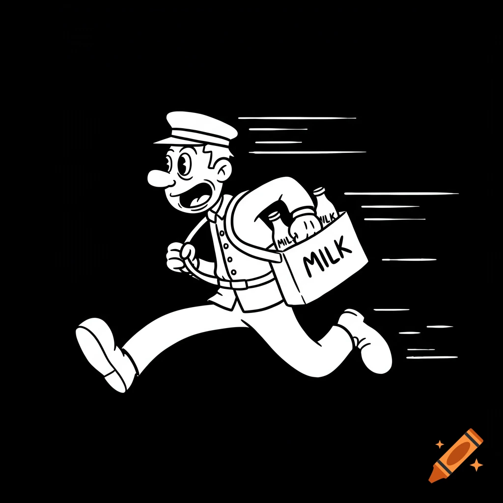 A black and white cartoon drawing of a milkman running with a box of milk bottles. Speed lines indicate motion.