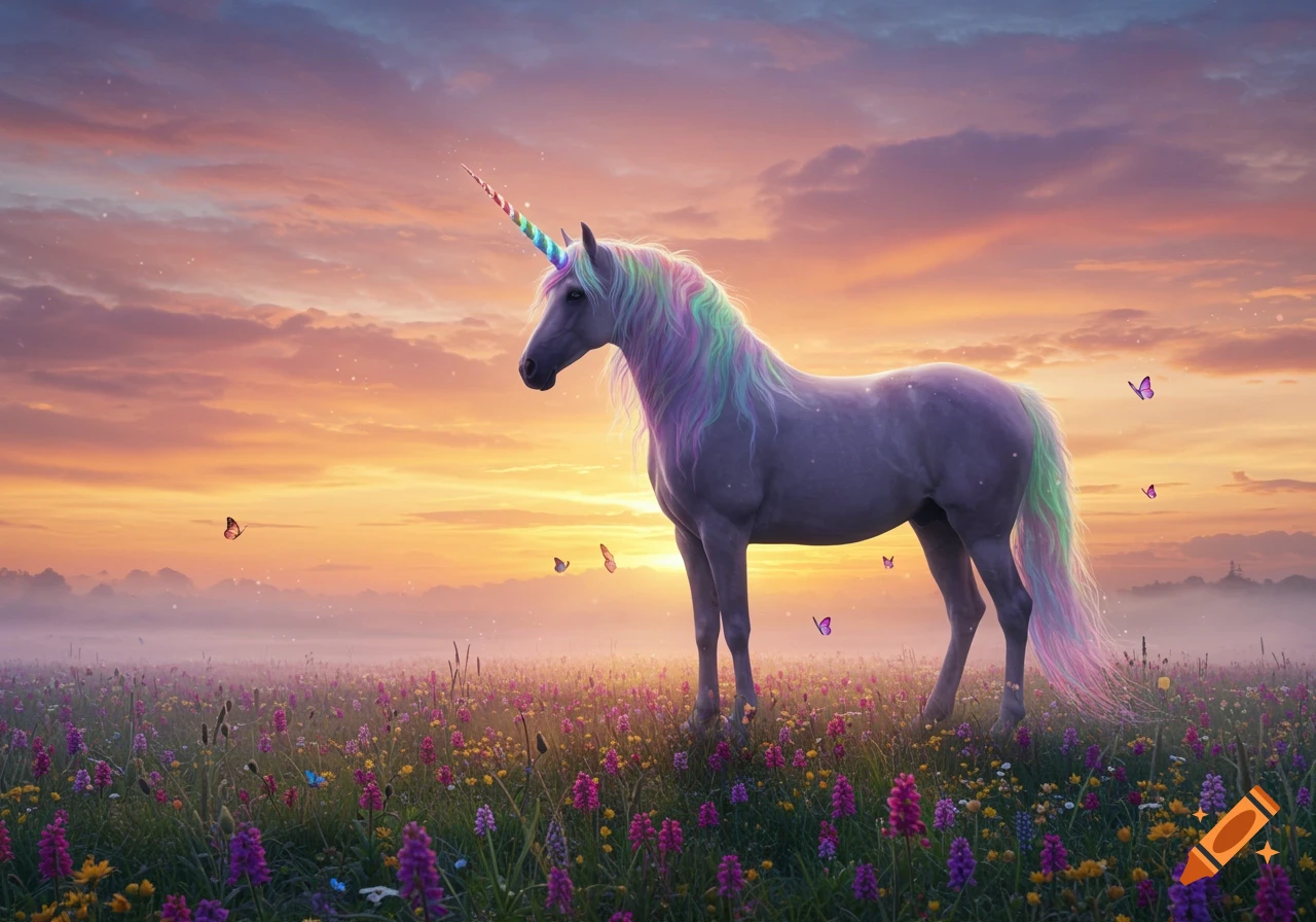 A unicorn with a rainbow mane and horn stands in a field of colorful wildflowers under a vibrant sunset sky, with butterflies fluttering around.