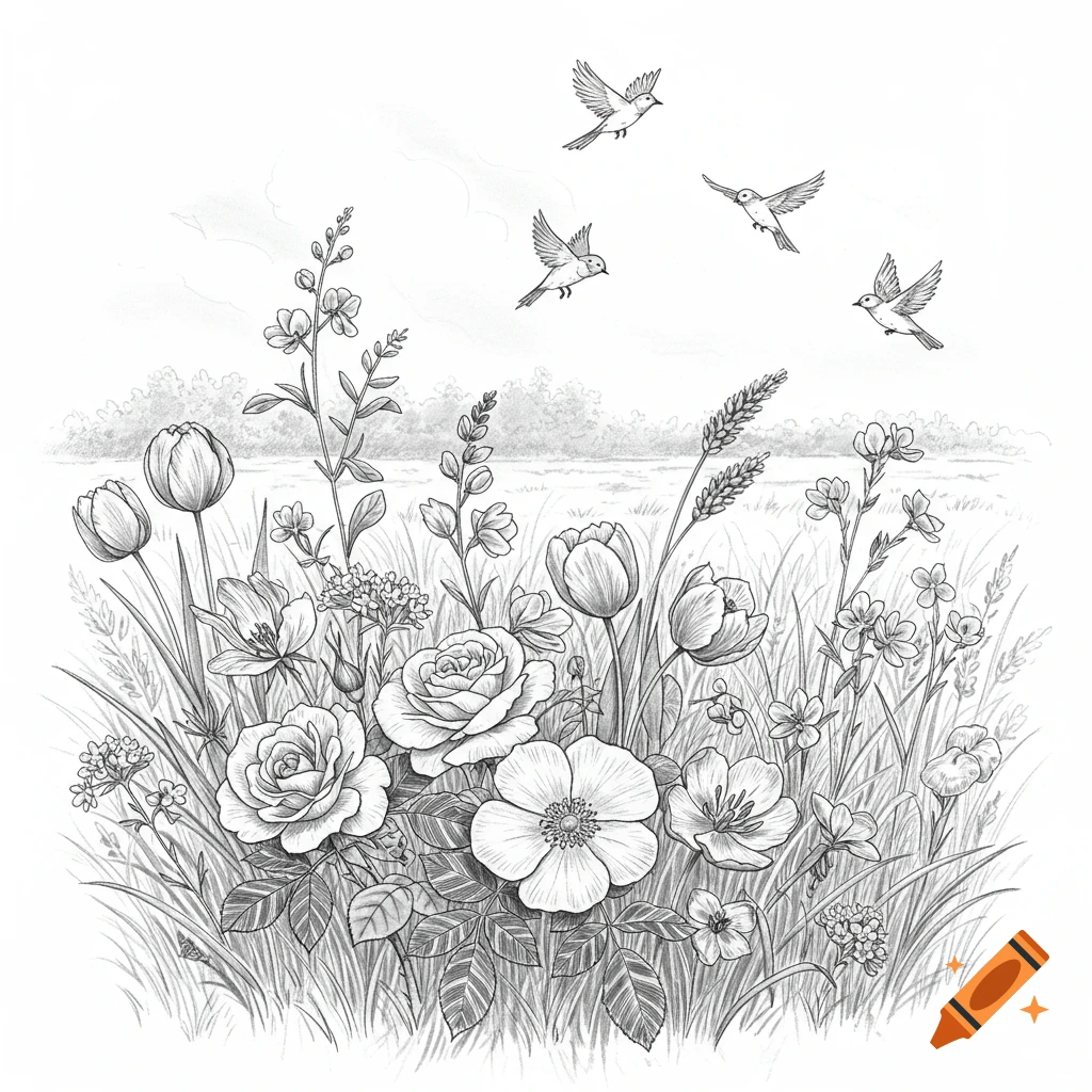 Black and white hand-drawn meadow scene with detailed flowers like roses and tulips, and birds flying above.
