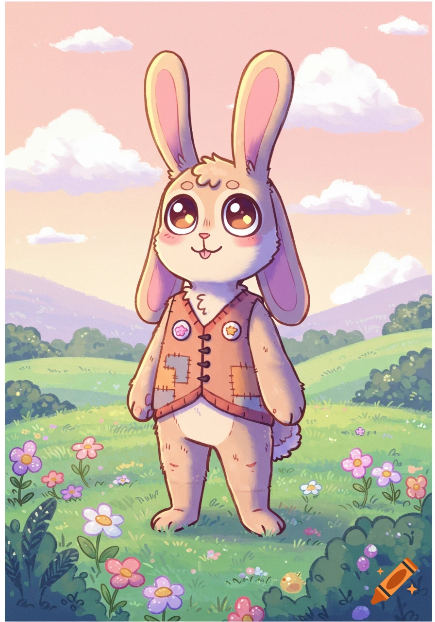 A cute cartoon rabbit wearing a patched vest stands in a vibrant, flower-filled green field under a pastel sky.