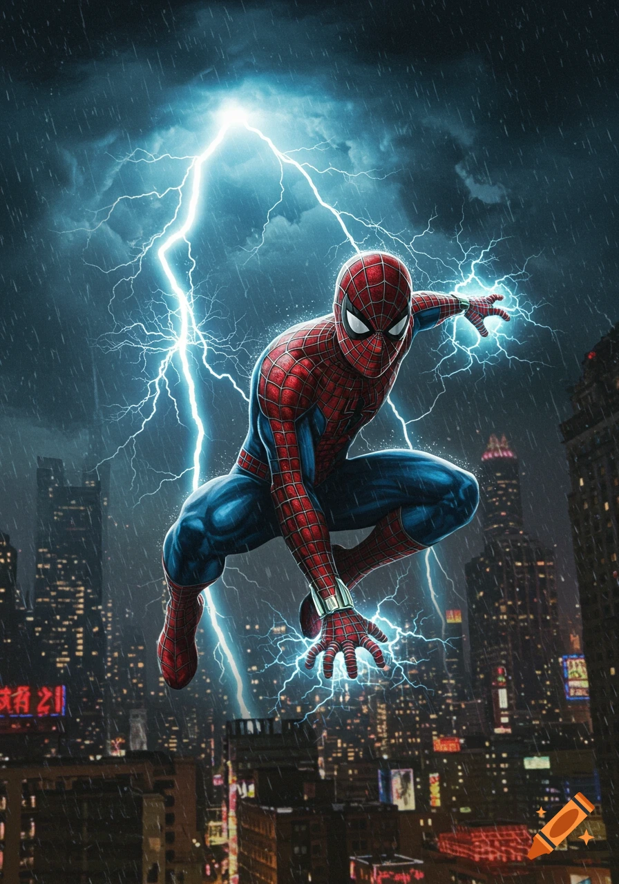 Spider-Man in a red and blue suit is surrounded by bright lightning, raining over a dark city skyline in a comic book illustration style.