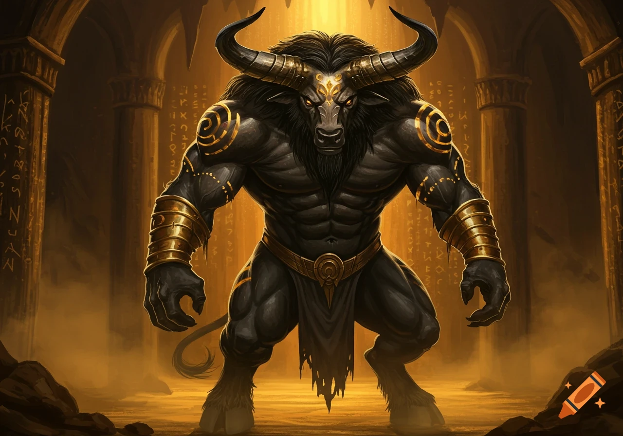 A powerful minotaur with black fur, golden armor, and large horns stands in a golden, glowing ancient hall.