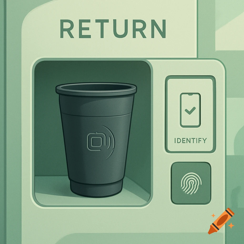 A dark grey cup in a bright green return kiosk with 'RETURN' and 'IDENTIFY' labels, suggesting a recycling or reward system.