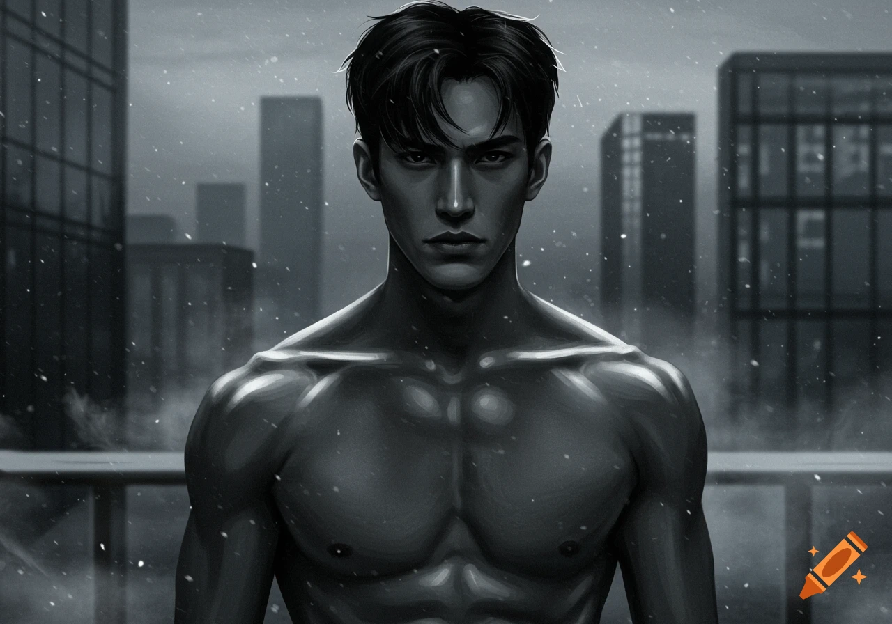A serious-looking, shirtless man with black hair and a muscular physique in a monochromatic digital art style, with snow falling and city buildings in the background.