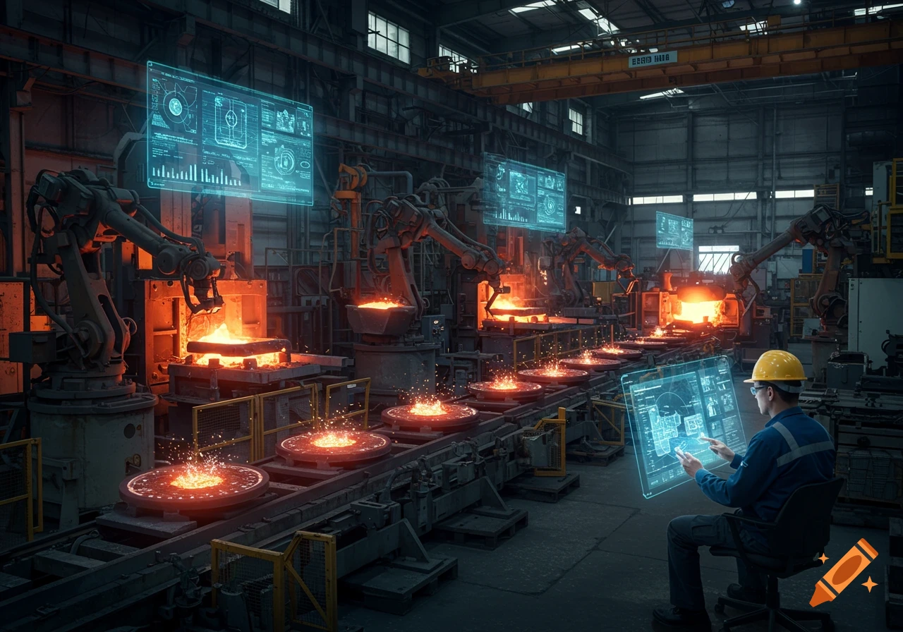 A photorealistic image of a futuristic factory with robotic arms pouring molten metal and a worker interacting with a holographic interface.