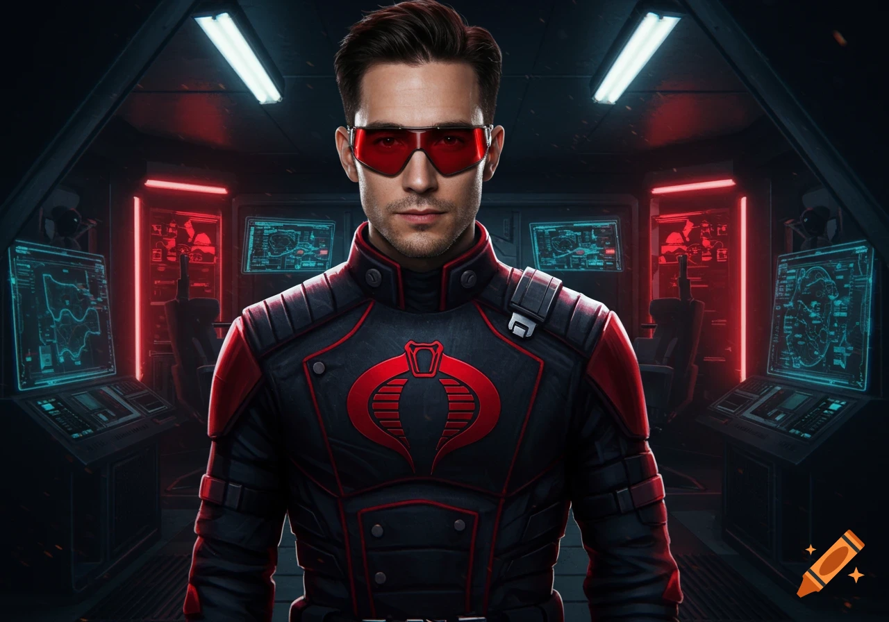 A photorealistic image of a man in a black and red uniform with a Cobra symbol and red sunglasses, standing in a futuristic control room.