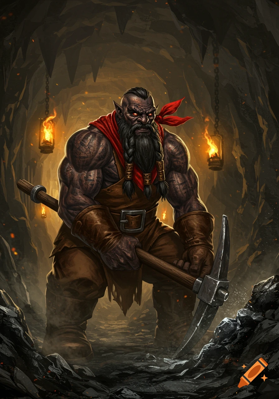 A muscular, dark-skinned dwarven miner with a long braided beard and glowing red eyes stands in a dimly lit cave, holding a pickaxe.