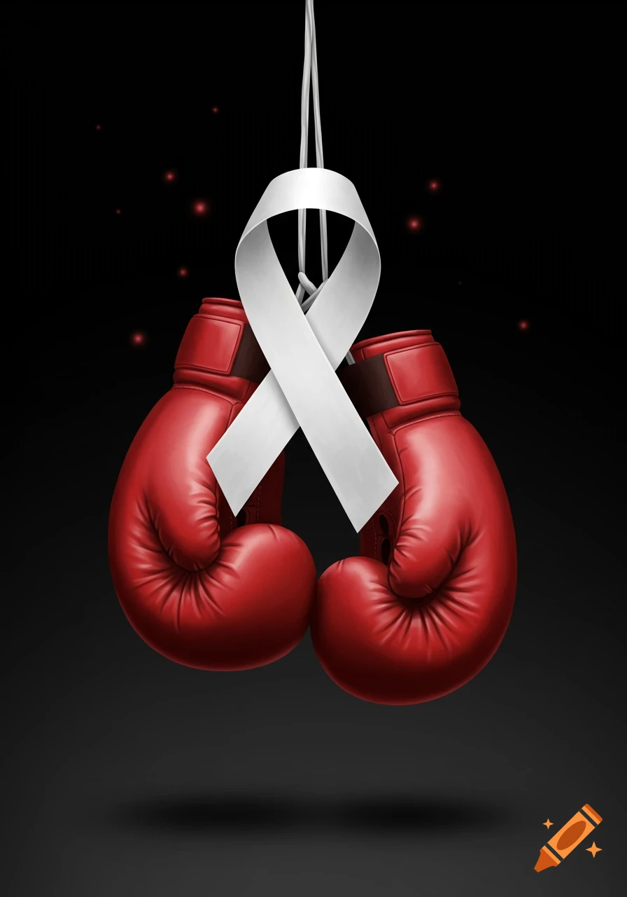 A pair of red boxing gloves with a white cancer awareness ribbon tied around them, against a dark background with subtle red lights.