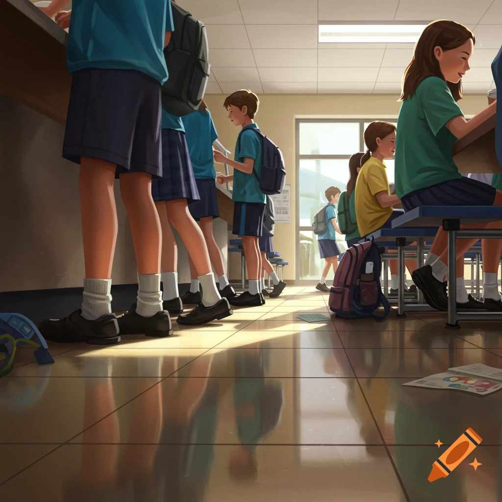 Digital illustration of students in uniform lining up in a bright school cafeteria, showing legs, backpacks, and a busy lunch queue.