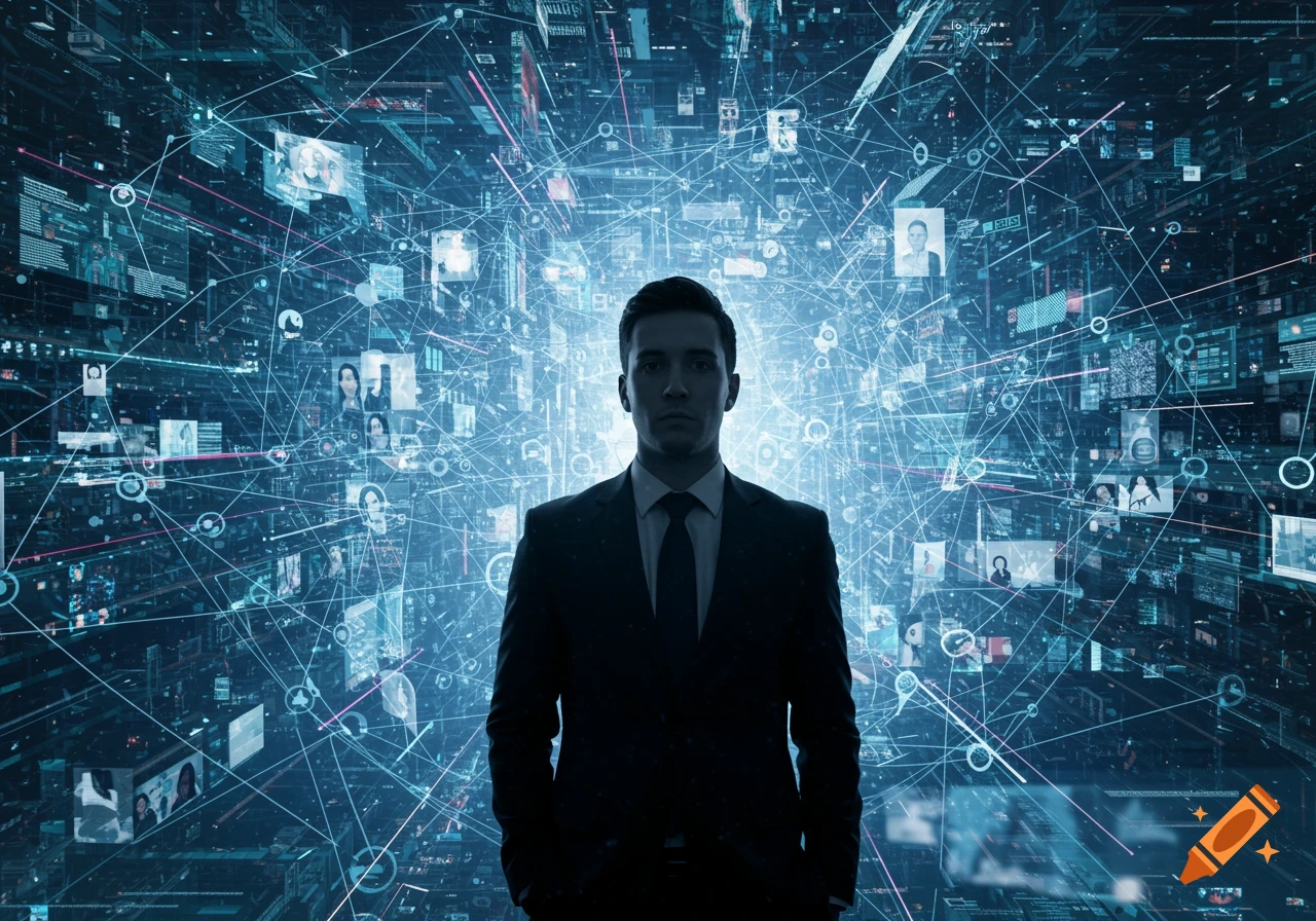 A man in a suit stands silhouetted against a glowing blue digital network with interconnected nodes and screens.