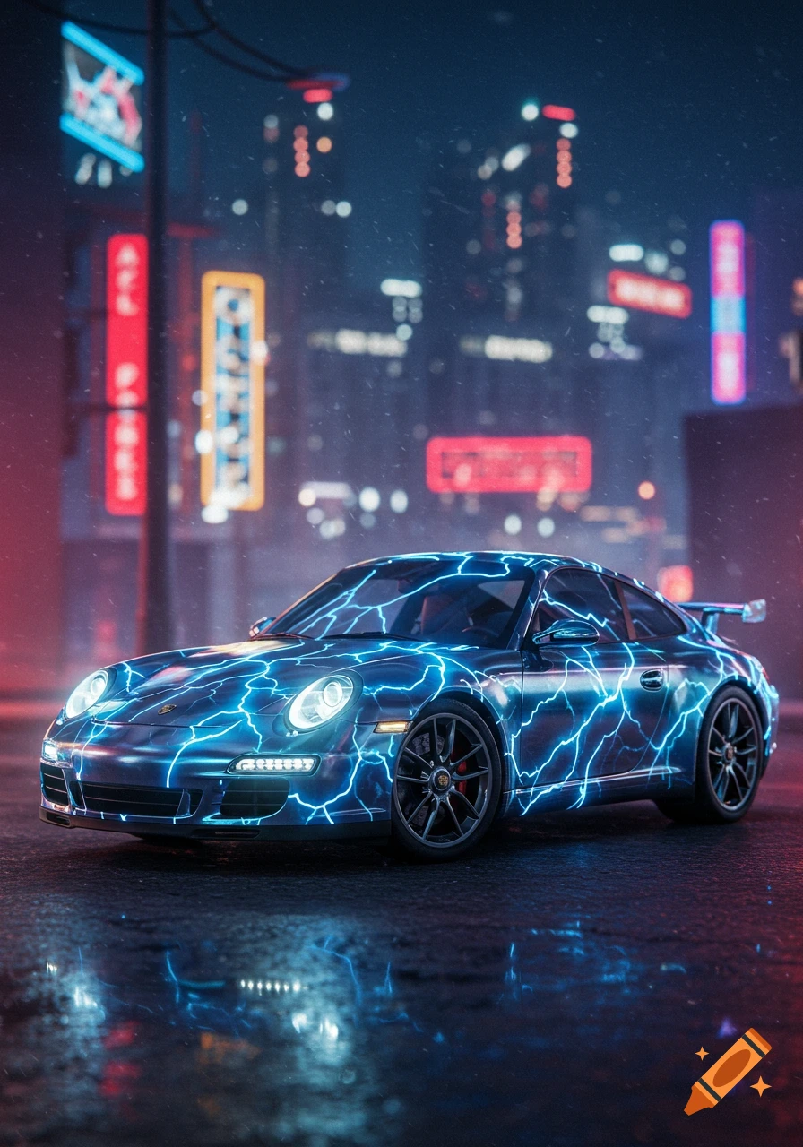 A dark blue Porsche 911 with bright blue lightning patterns parked on a wet city street at night, with blurred neon signs in the background.